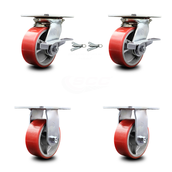 Service Caster 5 Inch Red Poly on Cast Iron Caster Brakes/Swivel Locks and 2 Rigid SCC, 2PK SCC-35S520-PUB-RS-SLB-BSL-2-R-2